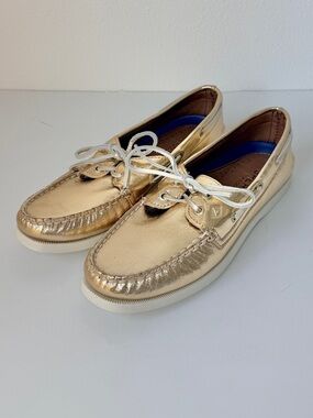 Sperry Brand NEW Metallic Gold 2-Eye Original Boat Shoes Leather Laces Size 8.5